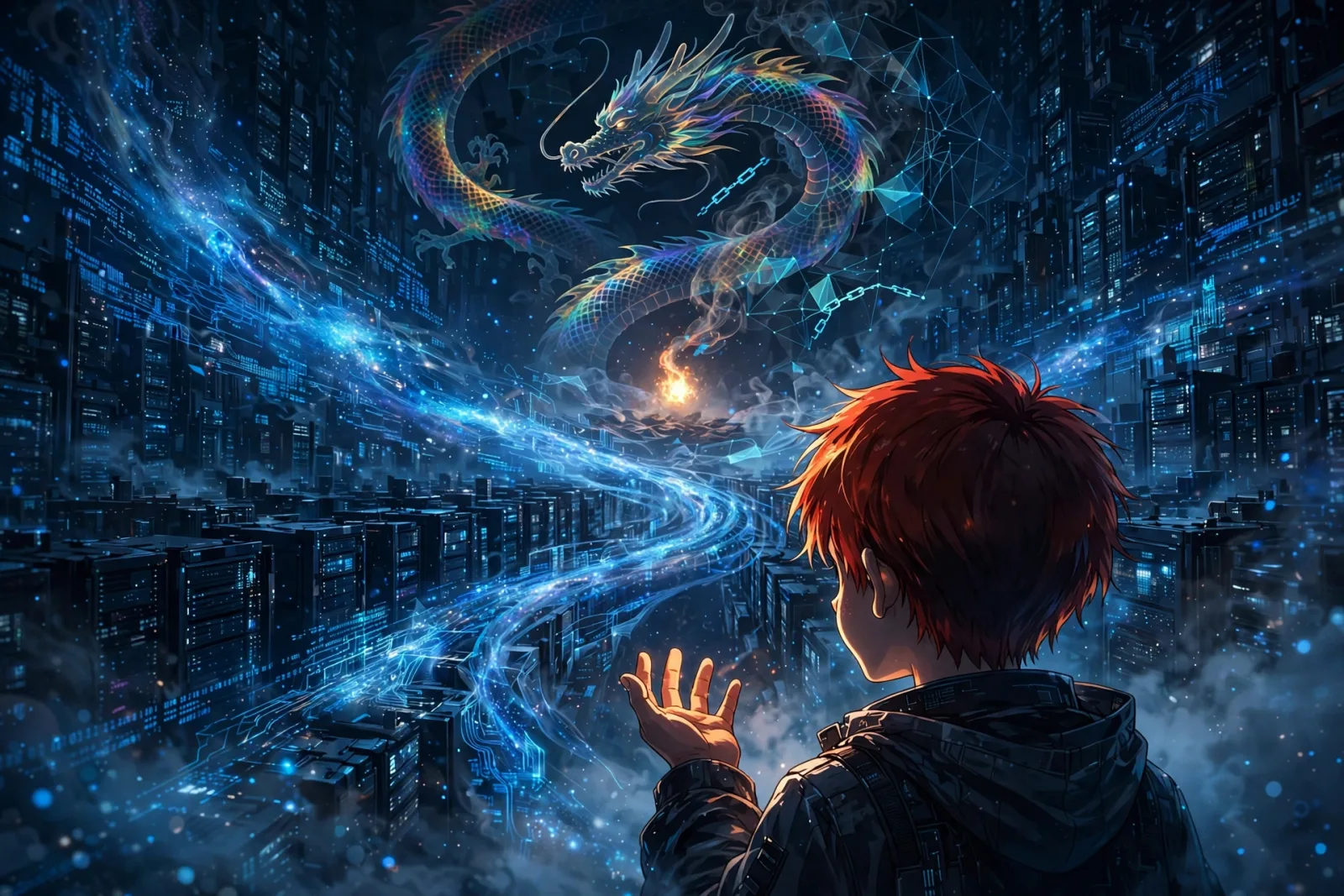 少年望向資料城市上方的神龍，Muse Spark 書評封面