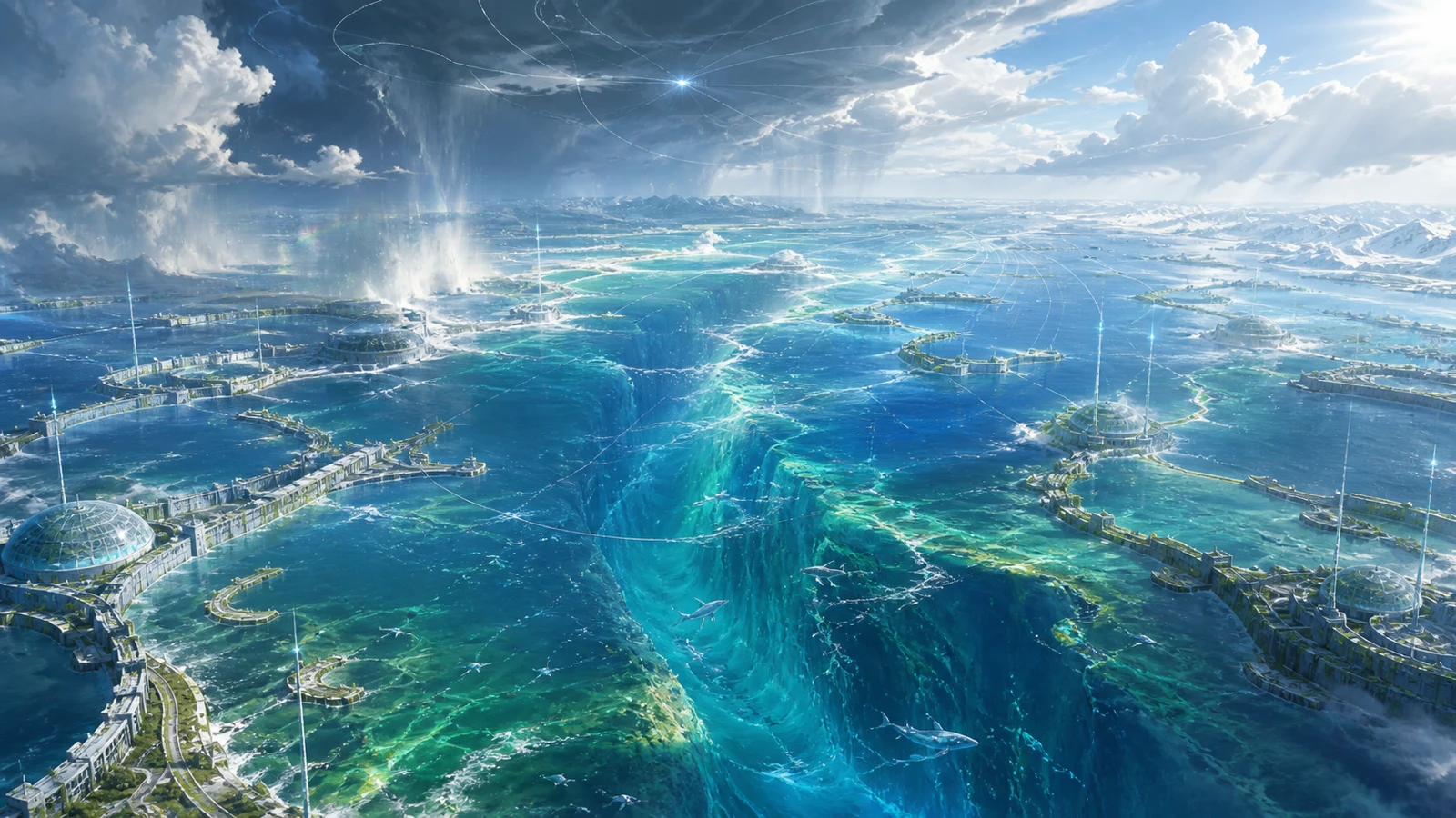 Neo Babylon luminous black current trench and weather-reading lines: a blue-green deep rift crosses the coastal ocean beneath storm clouds, salt mist, tide lines, and signal-like weather bands, as if the domain is reading climate, terrain, and biological signals, bright and sacred rather than horrific, with no readable text or people