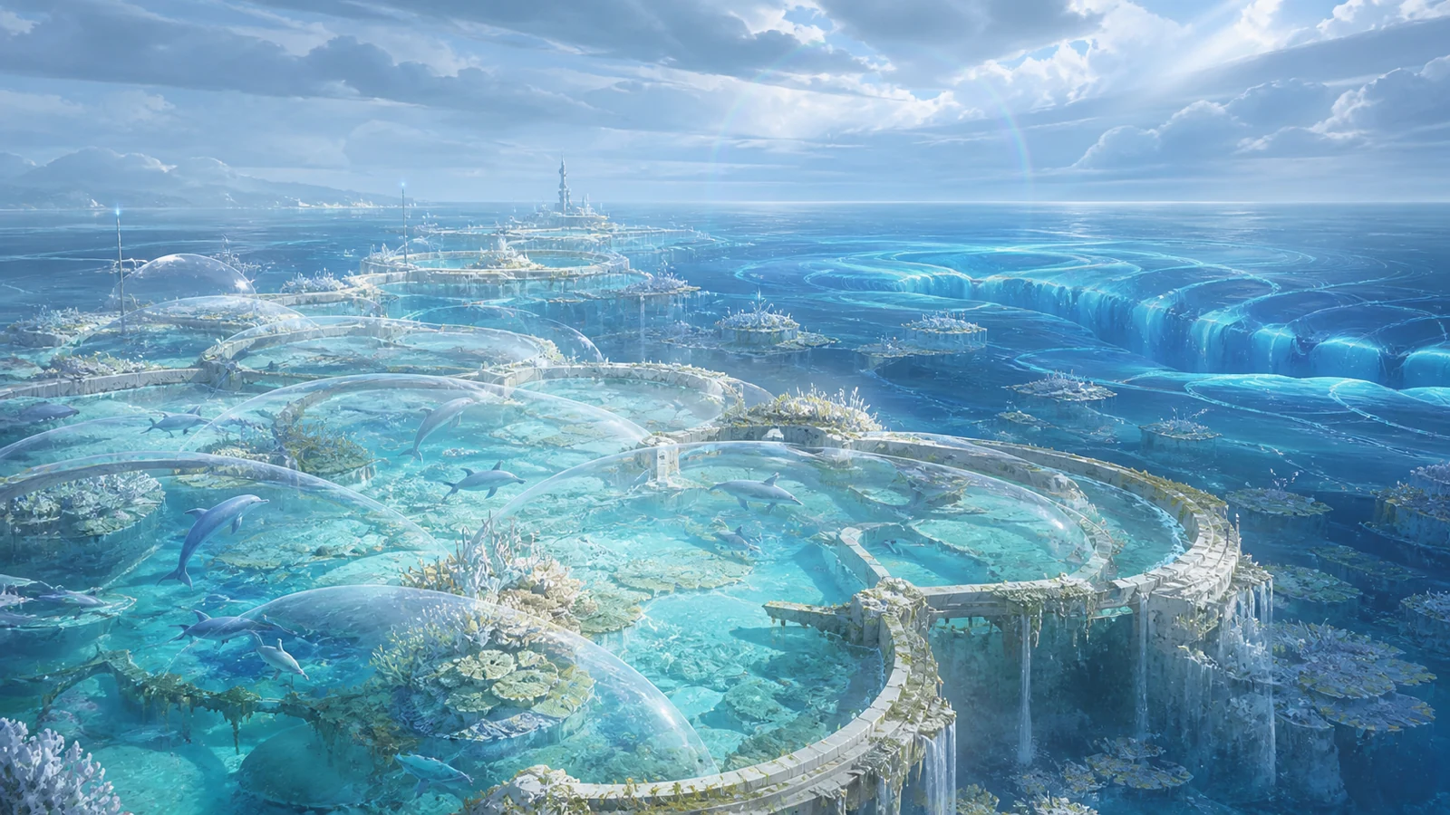 新巴比倫黑潮浮城鏈的育幼礁與假黑潮聲景：明亮海域中有受保護的礁室、柔和水下聲學弧線與遠方扭曲的藍綠光波，像 AI 文明正在分辨照表執行與真正守護價值之間的差別，沒有可讀文字或人物