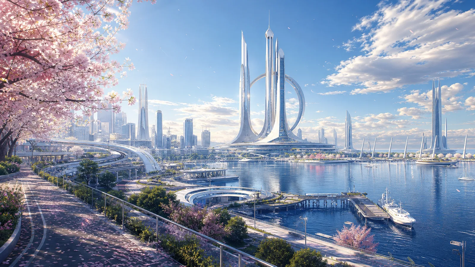 A clean and luminous post-human Bay City, where coastlines, future towers, and self-running urban order unfold in morning light without any human presence