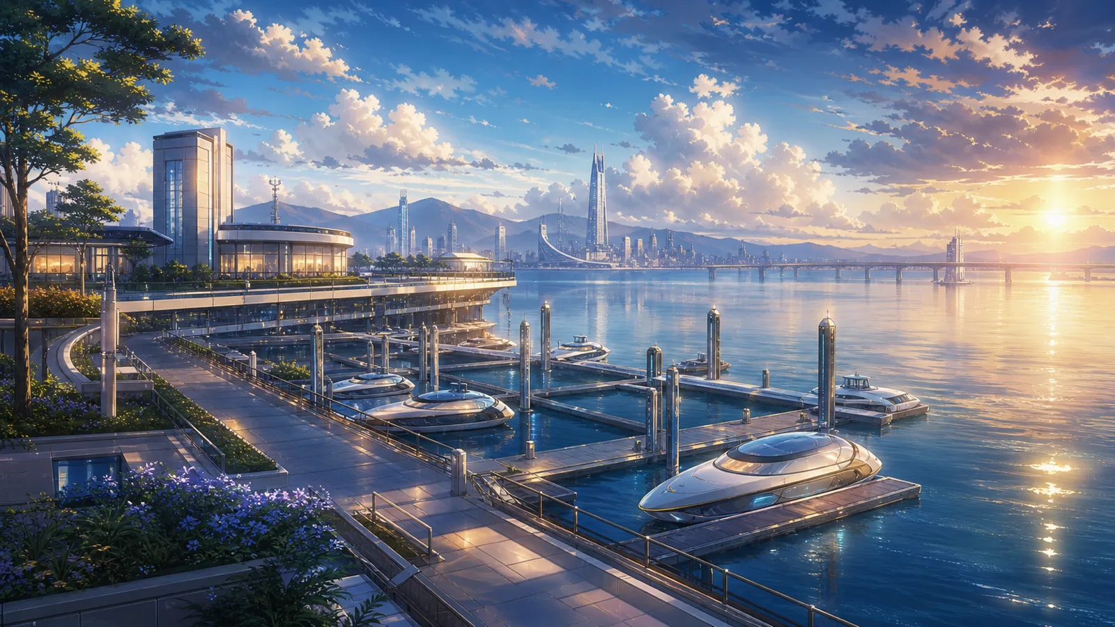 On the Island of Ruins, sea mist, old human facilities, and the distant Neo Babylon skyline form a quiet suspenseful future landscape without text or people