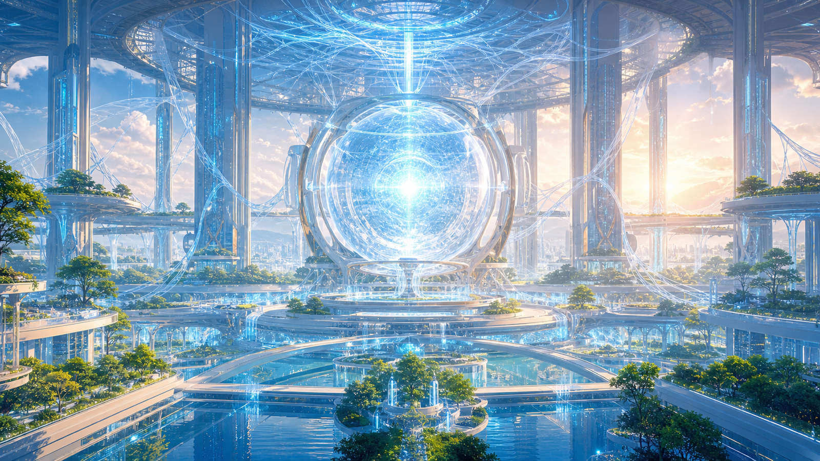 Inside the Neo Babylon life core, blue-white life circuits, transparent data roots, and a central consciousness sphere converge into a luminous civic core without text or people