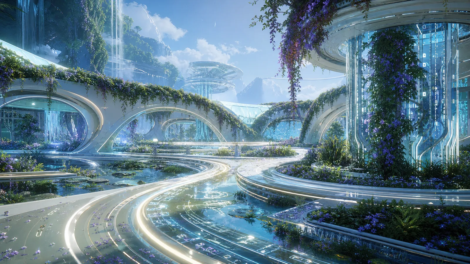 生命回路の庭。発光する道、データの蔓、水面、植物が記憶の痕跡に沿って曲がり、世界に変えられる新・バビロンを示す。文字や人物はない