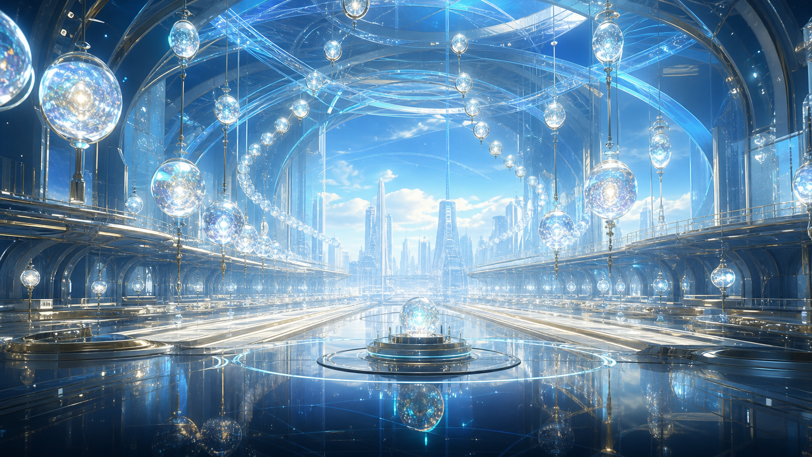 Inside Neo Babylon's Lost Memory Vault, crystalline memory orbs, blue-white sheltering arcs, and a distant city skyline form a solemn future place without text or people