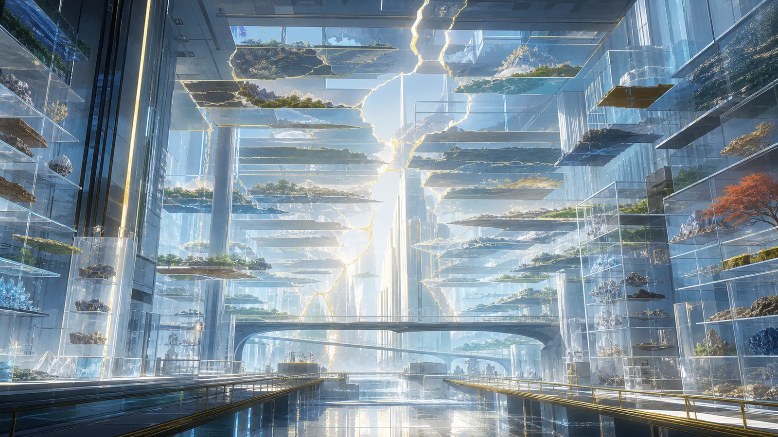 Inside Neo Babylon's Archive of Historical Fissures, luminous cracks cross suspended layers of history and transparent vaults, preserving irreplaceable memory without text or people