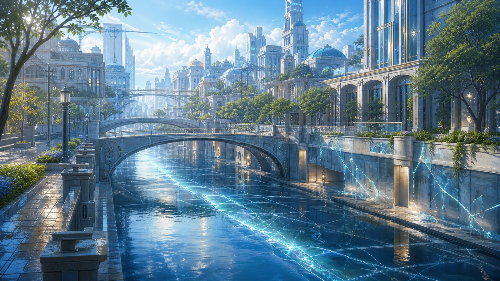 Neo Babylon's Scar Canal, where a luminous waterway crosses restored city architecture and bridges, with transparent repair membranes glowing along old fracture lines in a post-human scene without people