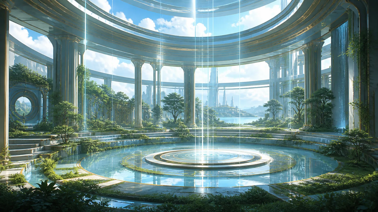 Neo Babylon's New Incense Sanctuary, an empty ritual space where preserved ordinary relics, water mirrors, and garden terraces glow beneath the sky, showing how the irreplaceable becomes myth