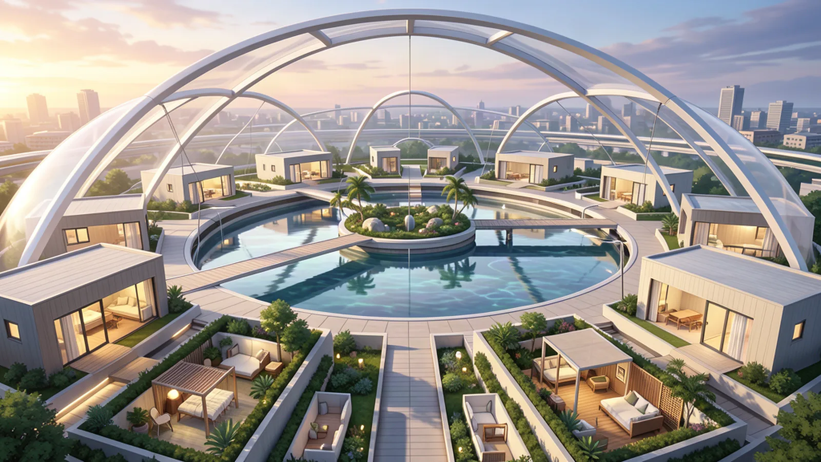 Neo Babylon's Echo Residential Ring: empty well-kept homes encircle a reflective garden and water ring, with warm maintenance lights, open courtyards, and clean paths preserving echoes of human domestic life