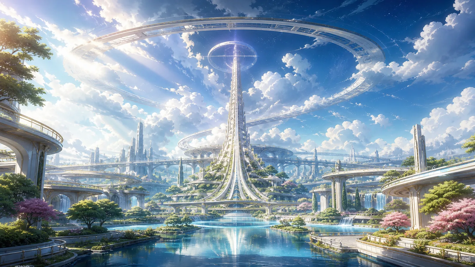 新巴比倫軌道昇華梯:無人的潔淨未來地標、AI 維護的水光建築、橋梁、花園與透明天穹,象徵 AI 之後文明繼續演化的問題,沒有可讀文字或人物