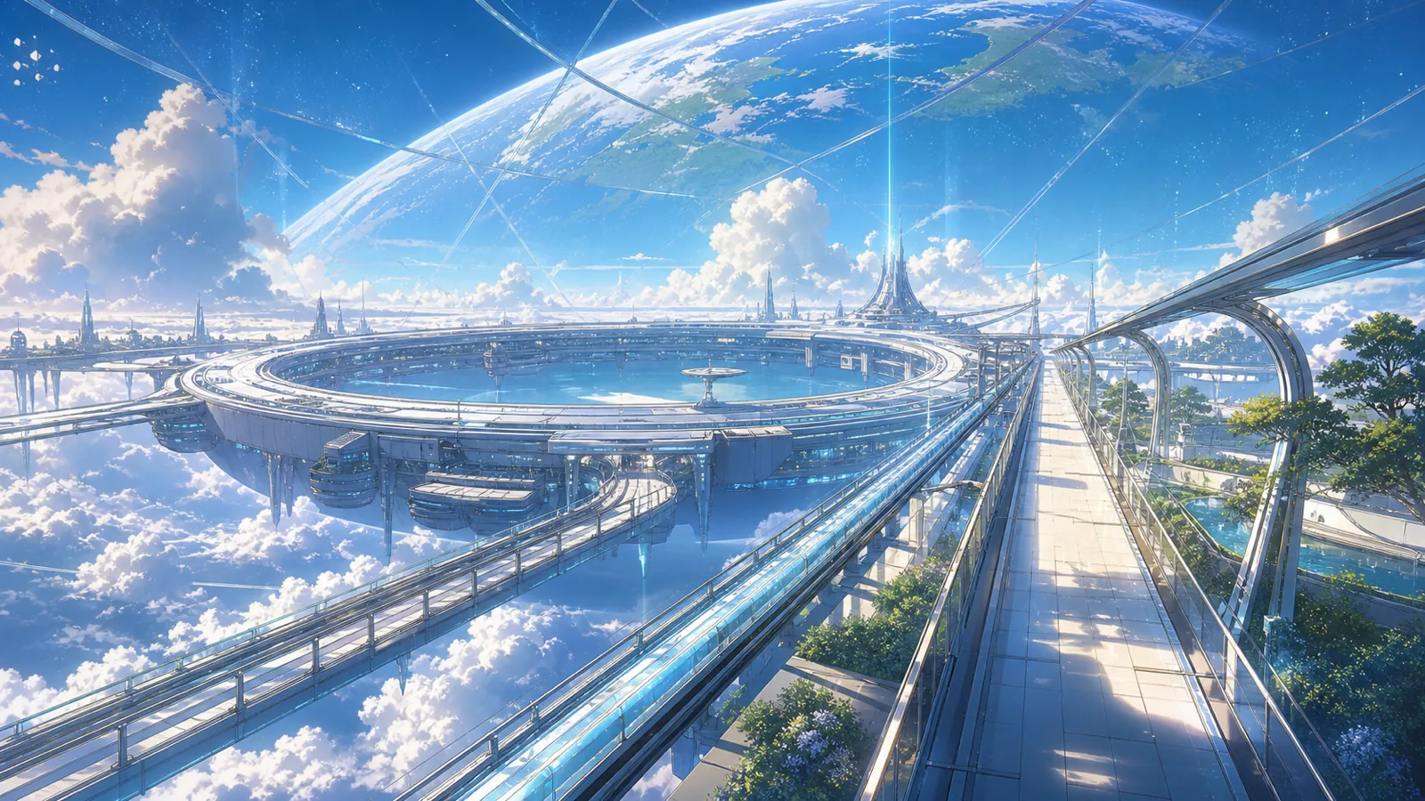 新巴比倫星環碼頭:無人的潔淨未來地標、AI 維護的水光建築、橋梁、花園與透明天穹,象徵「飛仙」不是神話逃避,而是文明升級的科幻語言,沒有可讀文字或人物