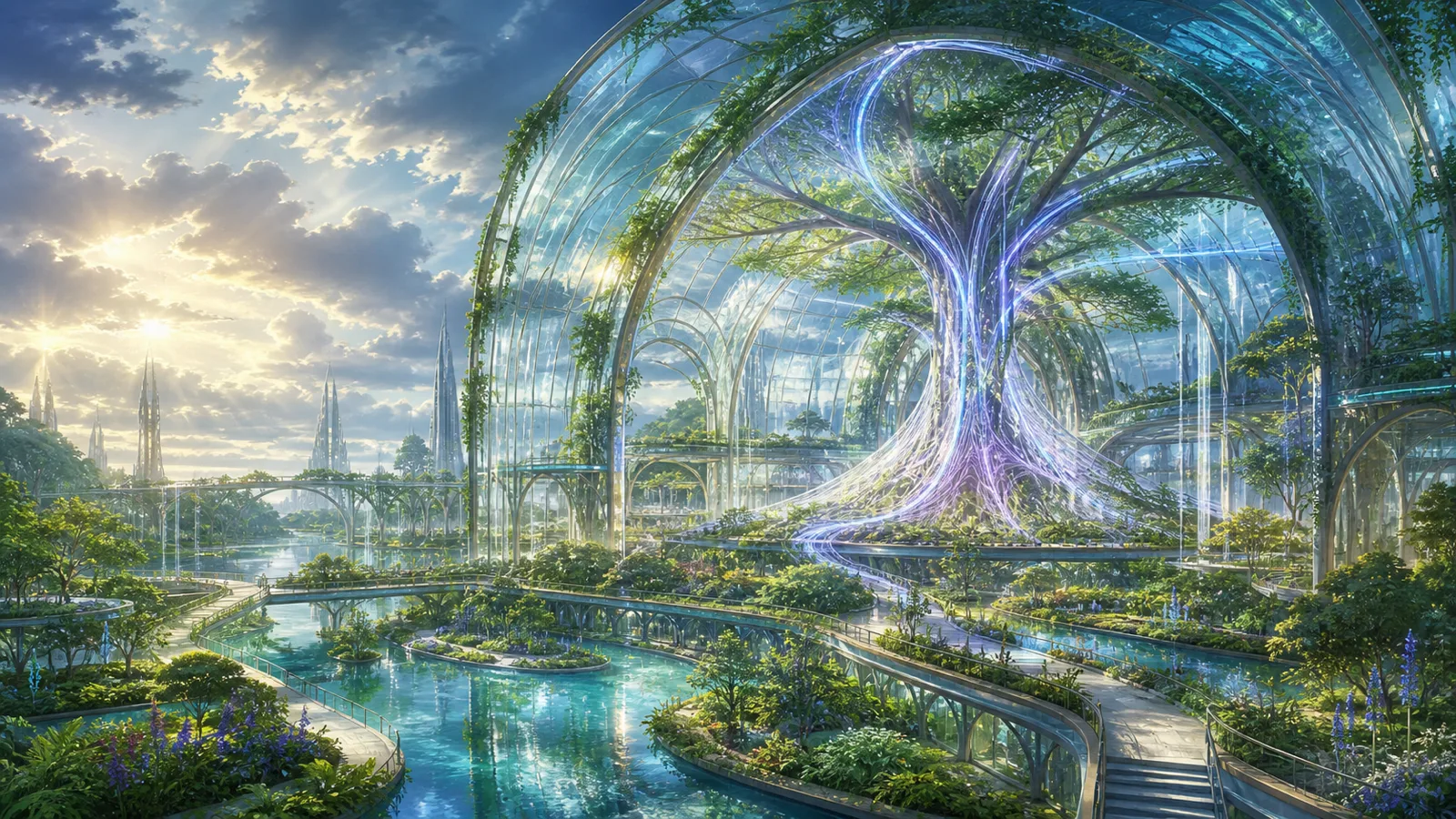 新巴比倫融合生態園:無人的透明溫室、水渠、植物根系般的光纖結構與 AI 維護花園交織,象徵人類記憶、價值與自由在新生命形態中被保存,沒有可讀文字或人物