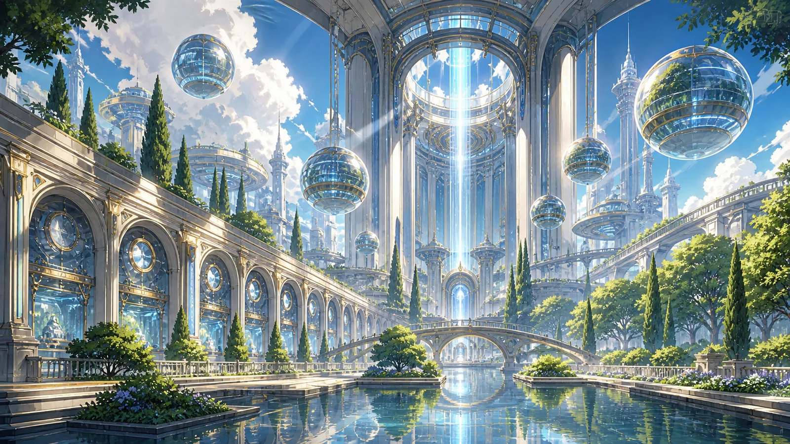 Neo Babylon's Last Memory Vault: a grand, bright, empty future archive with floating memory chambers, mirrored water courts, sealed timeline arcades, and a deep light well preserving inheritable memory, with no readable text or people