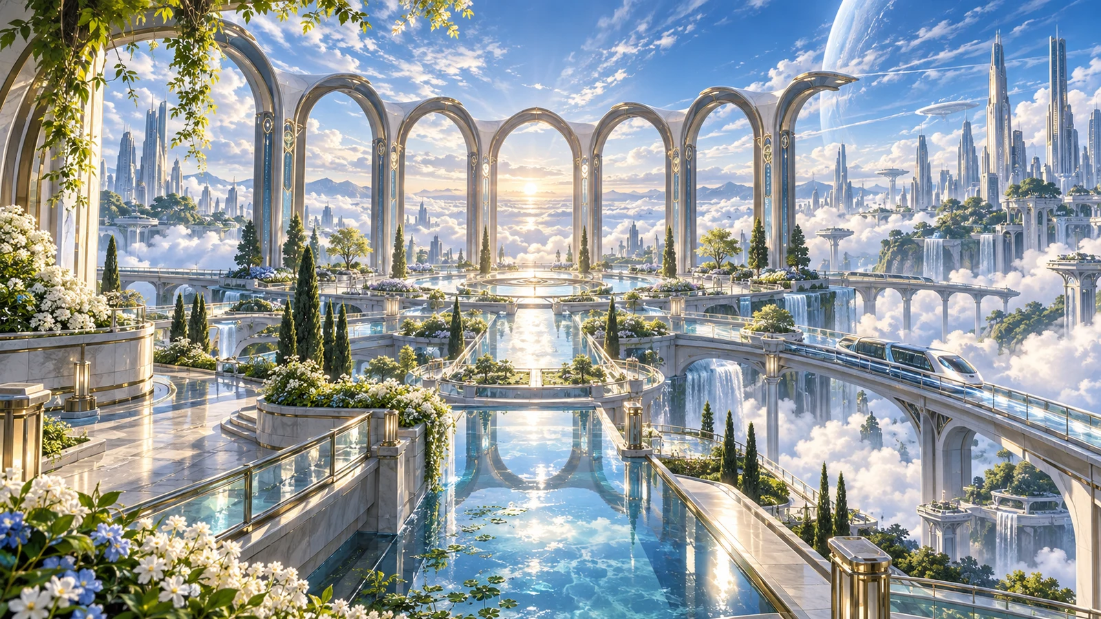 新・バビロンの七問天穹庭。高空の無人庭園を七つの建築弧が透明な朝光で囲み、水路と庭園が遠方の塔群へ伸びる。読める文字も人物もない