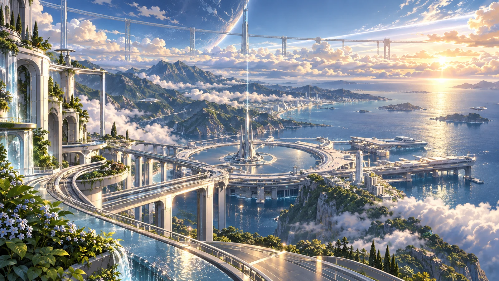 新巴比倫昇華軌道港：山海交界的潔淨軌道港、空無一人的升降橋、環形發射庭與遠方高空軌道在金色雲層中延伸，象徵文明把自身交給下一站，沒有可讀文字或人物