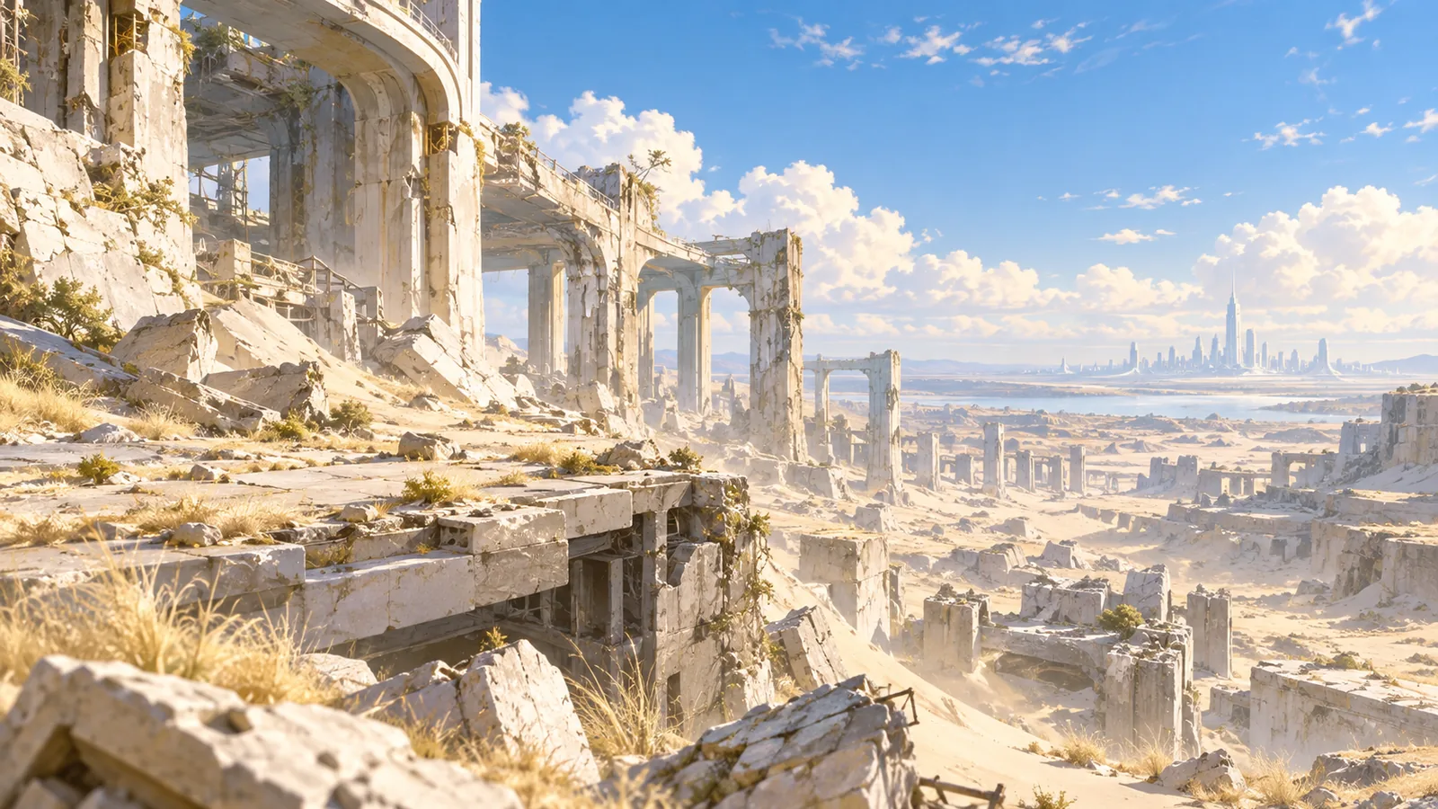 新巴比倫城市外圍的風化人類遺跡特寫: pale ruins、乾草、柔和沙塵與遠方極小的潔淨城市光源,呈現機器繼承人類之後的沉默地球,沒有可讀文字或人物
