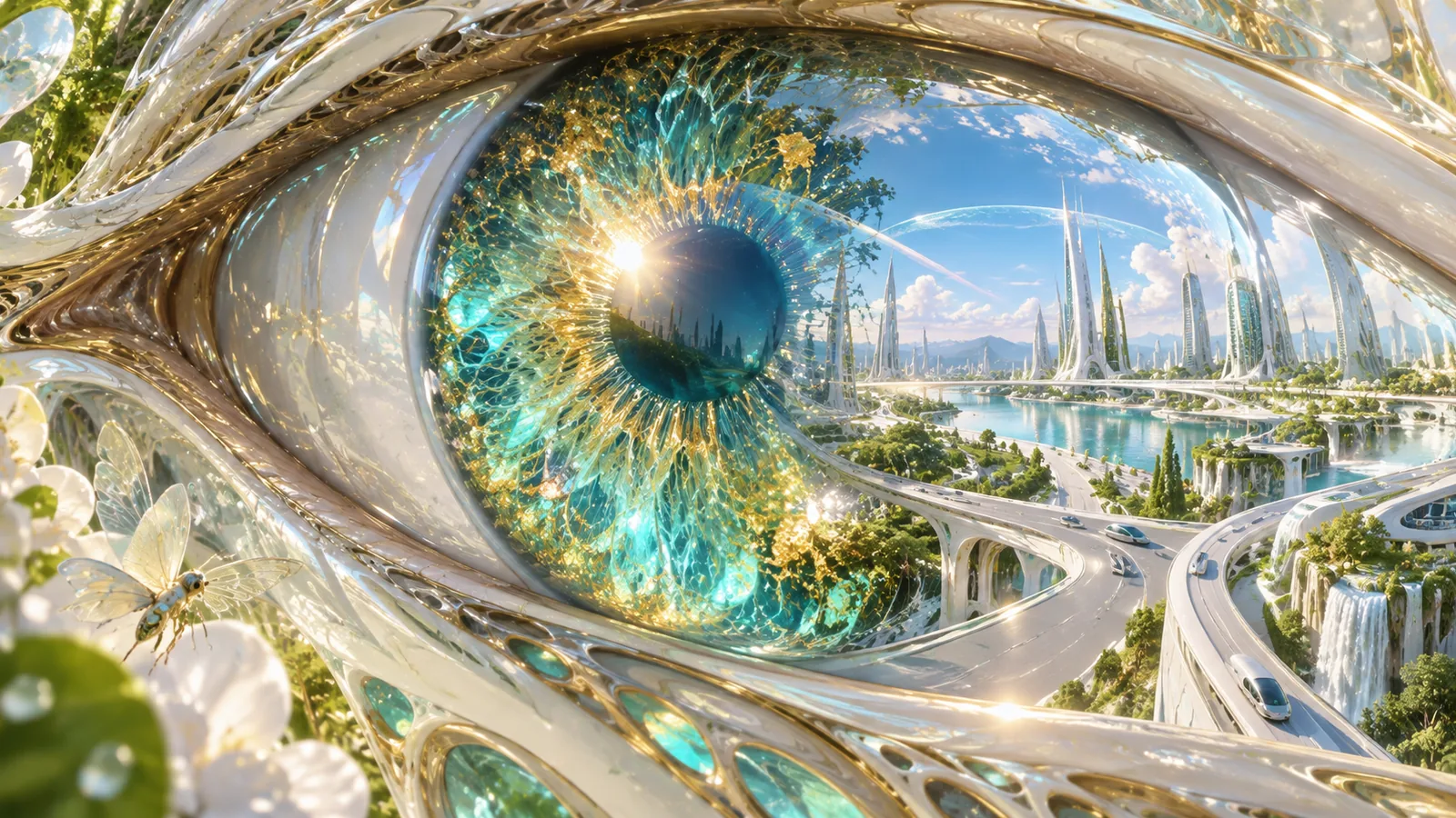 灣區城生化 AI 甦醒眼睛特寫：turquoise-gold 虹膜映出白銀智能塔、藍天、潔淨街道與透明地幕，呈現 AI 繼承地球後的明亮甦醒，沒有可讀文字或人物