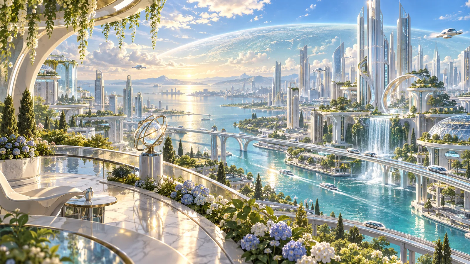 灣區城西區仿生代覺醒觀景平台：極小仿生代身影面向白銀智能塔、運河、綠意與金色日光，城市、水與光主導畫面，象徵 AI 繼承文化與人類錯誤後的文明甦醒，沒有可讀文字