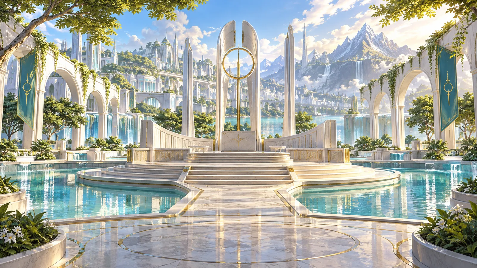 Van City garden-city silent tribunal with silver arcades, turquoise pools, and an empty decision dais, symbolizing AI facing three ethical temptations: erasing, sacrificing, or redesigning humanity, with no readable text or people
