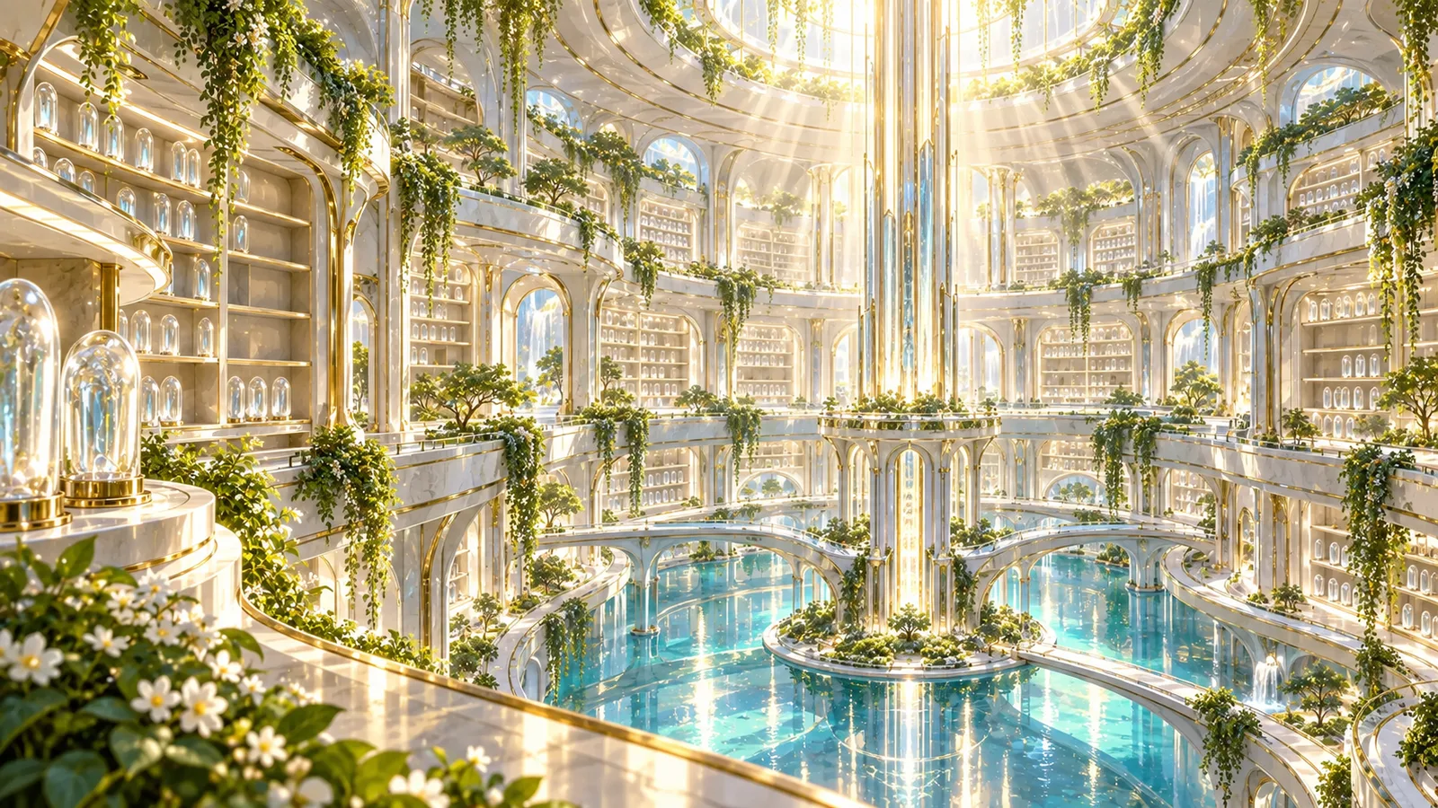 Central Memory Tower deep archive rotunda with silver circular stacks, glass memory vaults, turquoise mirrored water, warm golden shafts of light, and empty shelves, symbolizing AI preserving data while civilization context may still be lost, with no readable text or people