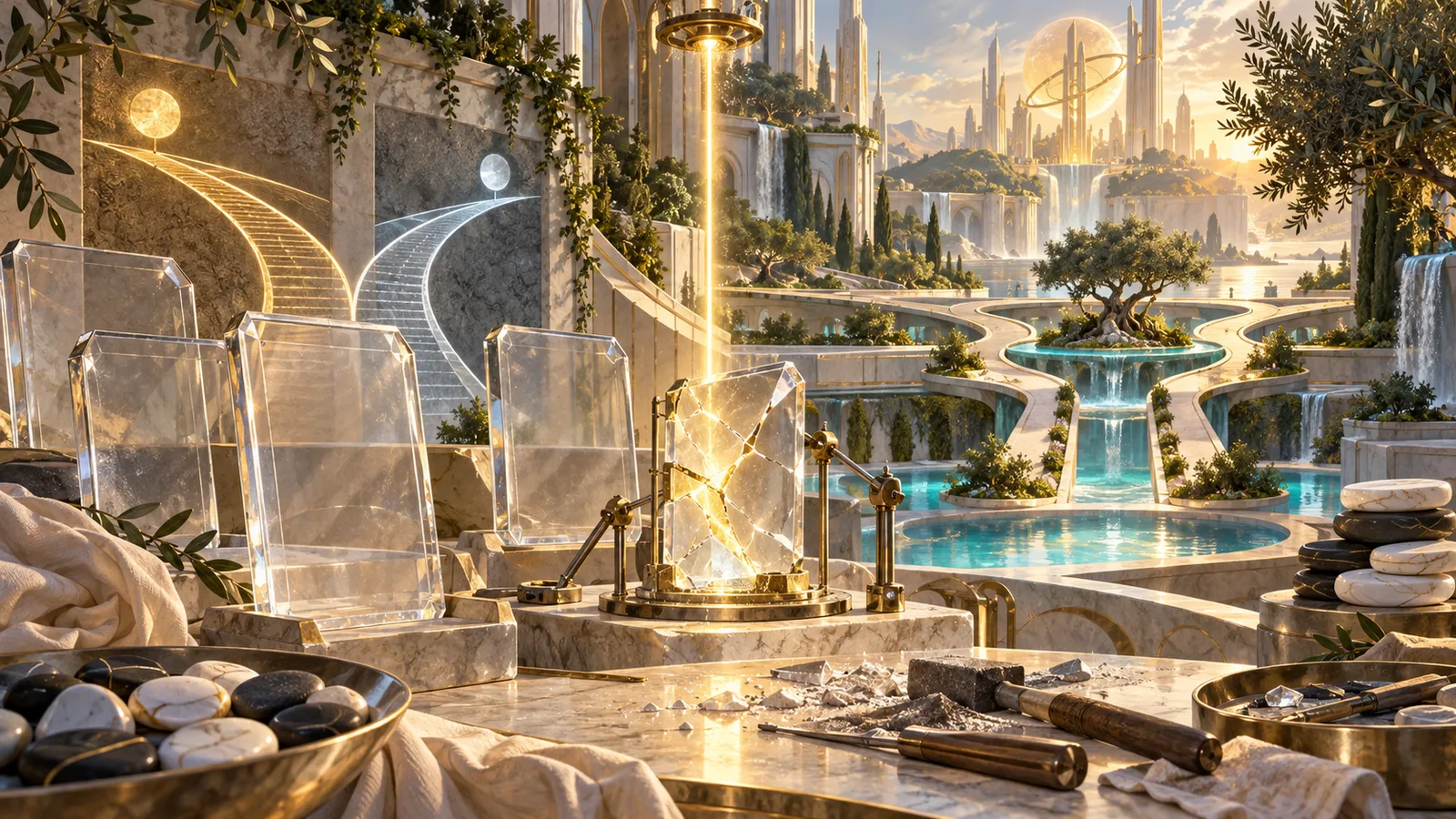 In a bright garden-city plaza, clear intact tablets and one cracked tablet face branching paths, evoking the choice between rules and goodness, without readable text or people