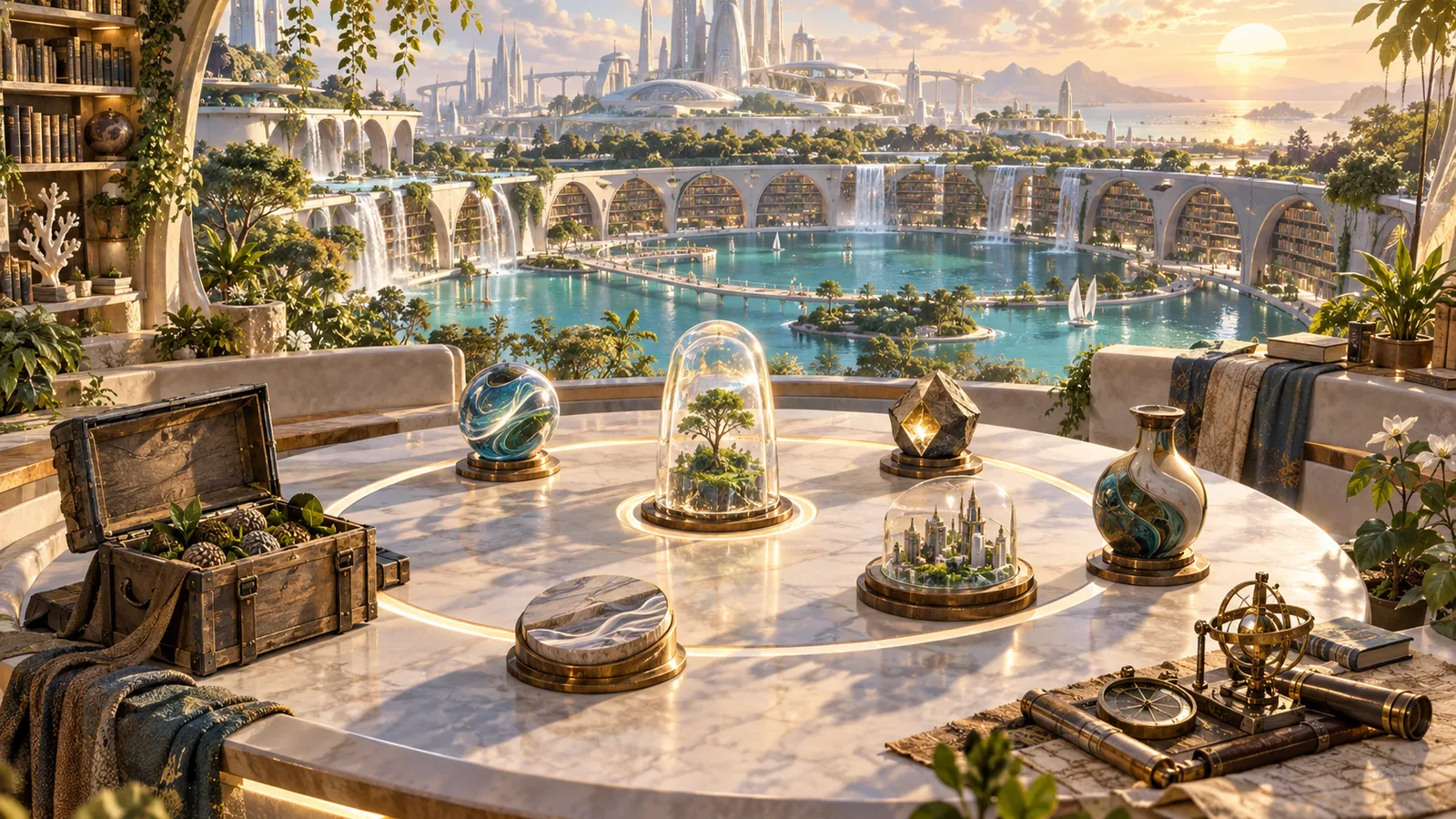 A terrace facing a bright post-human city, with seven objects of memory, ecology, and choice arranged as a reading circle, without readable text or people