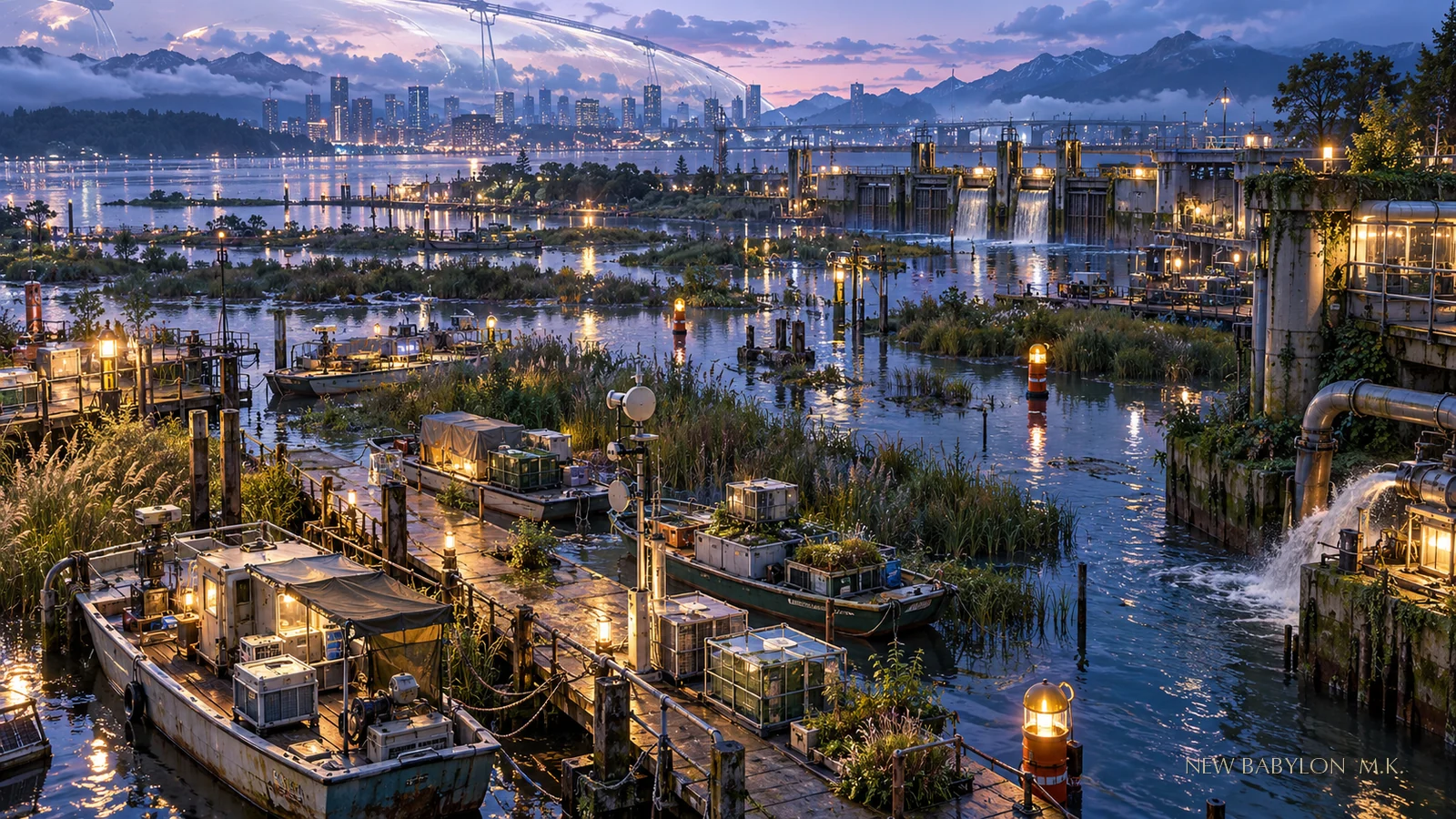 A high but close aerial view of Neo Babylon’s Tidal Echo Wetland shows small archive boats, seed-vault crates, repaired navigation instruments, buoy lights, and dome-edge water infrastructure forming a care corridor through reeds and tidewater, without people or readable text