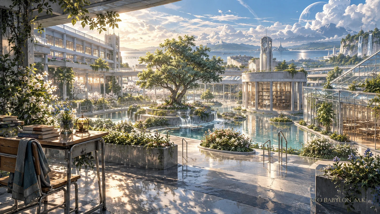 新巴比倫無人學園的代際生活庭中，教室、宿舍、食堂與溫室以柔和步道相連，空置桌椅、維護痕跡與植物照護裝置保存家庭、學習與代際照護，沒有人物或可讀文字