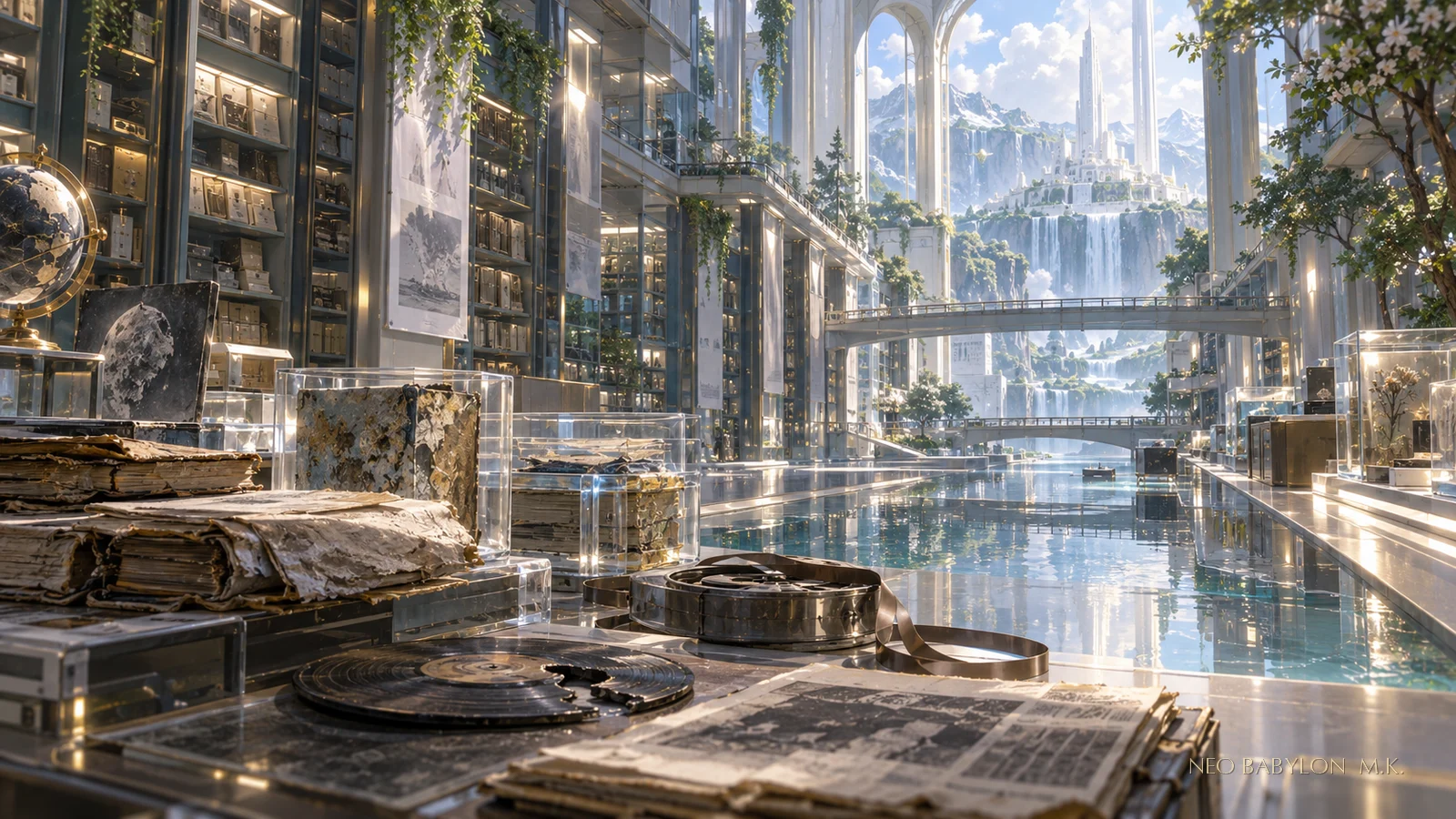 Inside Neo Babylon’s White Tower Library, repaired damp paper records, broken audio carriers, and transparent preservation cases sit between waterlight and atrium light, waiting to be understood again, without people or readable text
