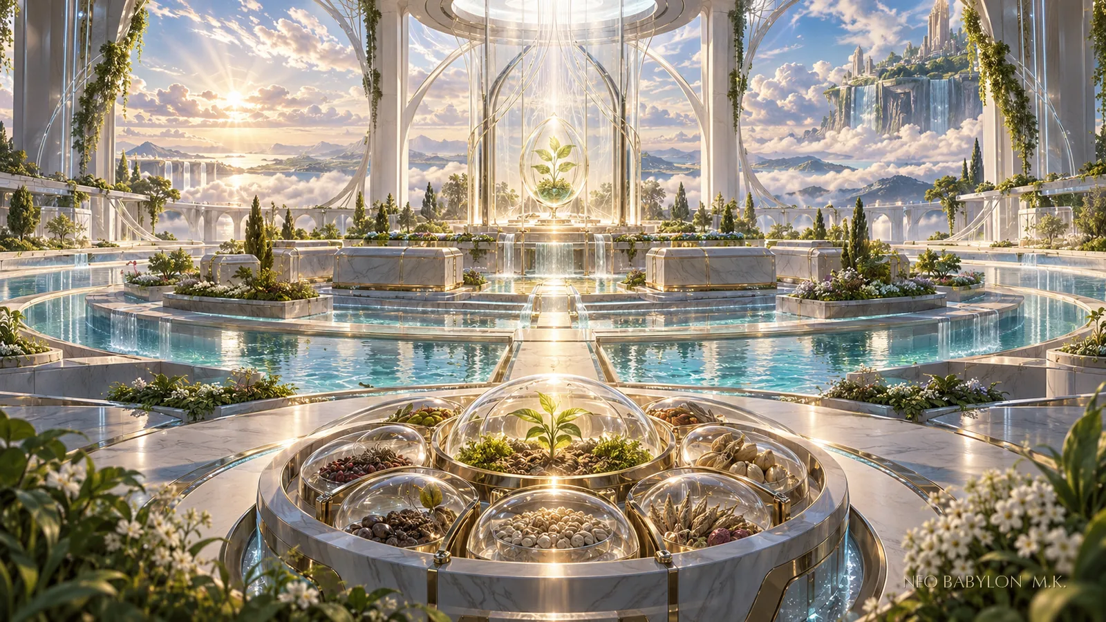 Inside Neo Babylon’s Incense Sanctuary continuity hall, a circular water court, wordless stone reliquaries, memory conduits, and transparent seed altars form a cross-species continuity protocol, without people or readable text