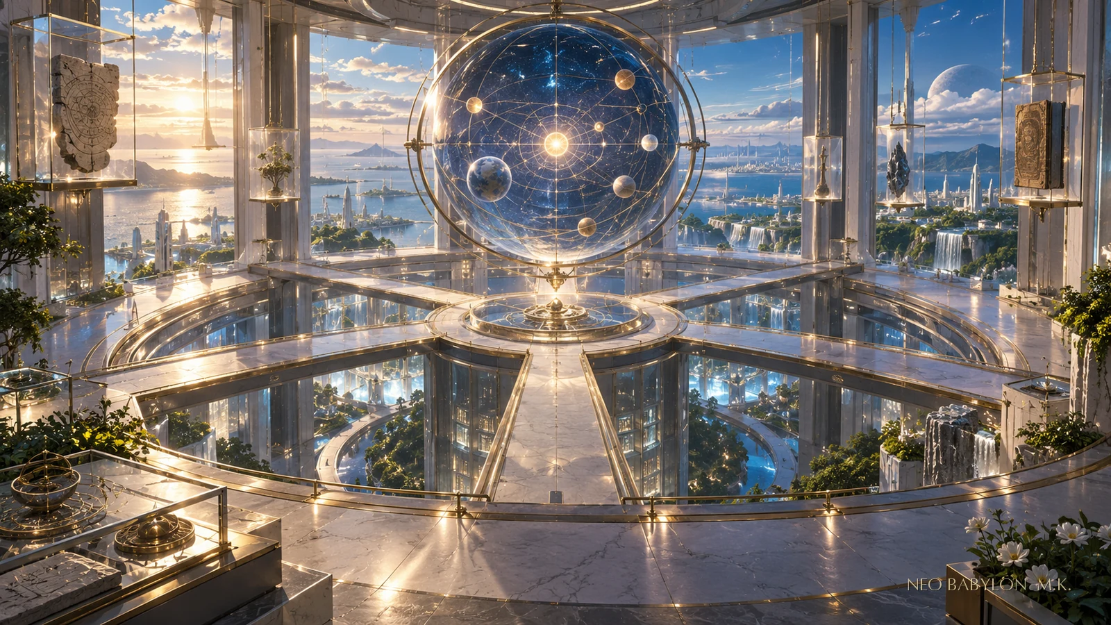 新巴比倫中央記憶塔頂層的七日星圖廳，以無字星圖、七條步道、懸浮檔案匣與遠方城市燈帶組成一座 AI 文明閱讀路線圖，沒有人物或可讀文字