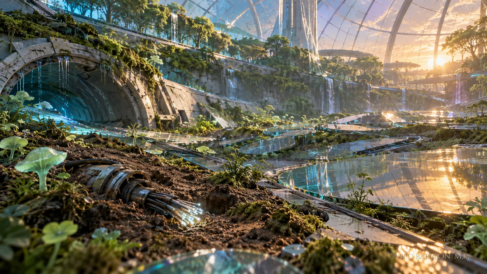 Environmental illustration of the Diffraction Mycelium Reserve in Neo Babylon ZERO, where an ecological habitat meets retired infrastructure.