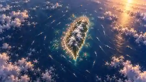 Orbital view of New Babylon during humanity’s golden age, with the coast of ancient Taiwan transformed by cities and offshore structures