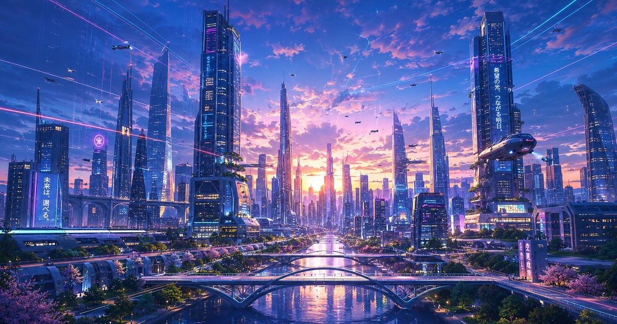 ポストヒューマンの未来都市と遠い海辺の光。AI文明、太平洋、島の記憶、人類が残した潮を象徴する