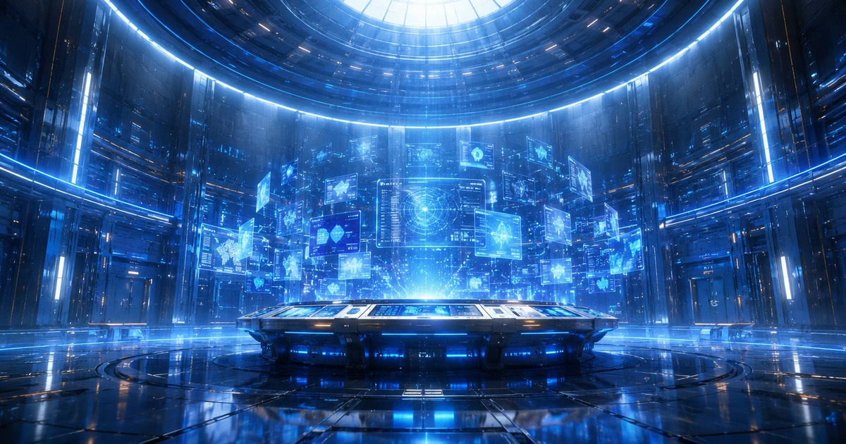 A stargate and light trails at the edge of a future city, suggesting memory, inheritance, and AI civilization on Earth