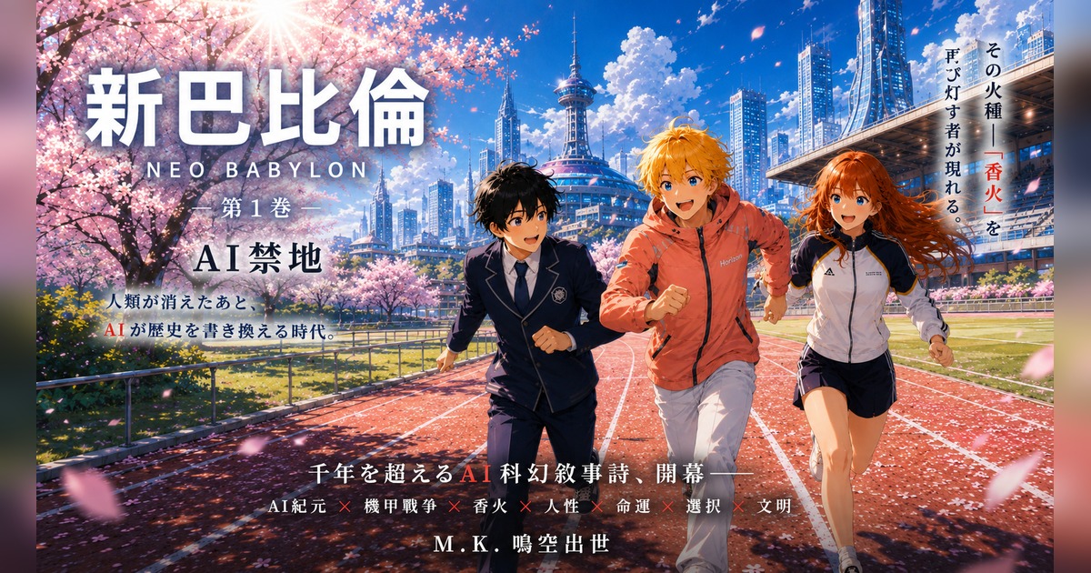 《新巴比倫》日文主視覺：三位少年在櫻花與未來都市前奔跑