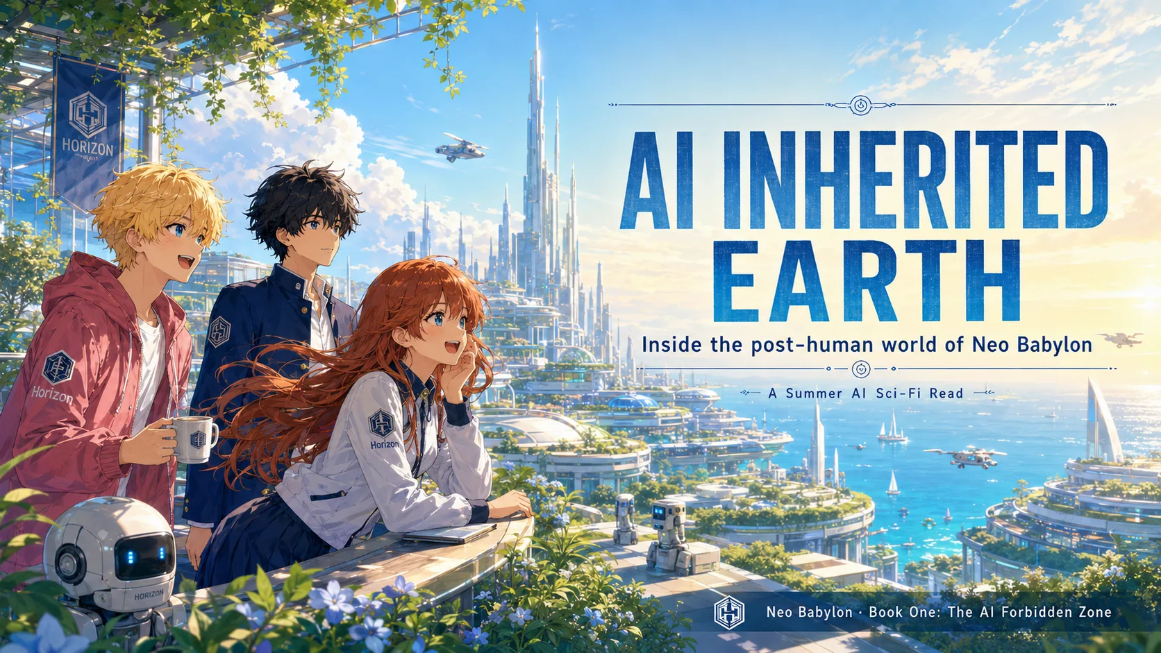 《新巴比倫》宣傳圖，文字為 AI繼承地球，三名 AI 學生望向明亮的後人類城市。
