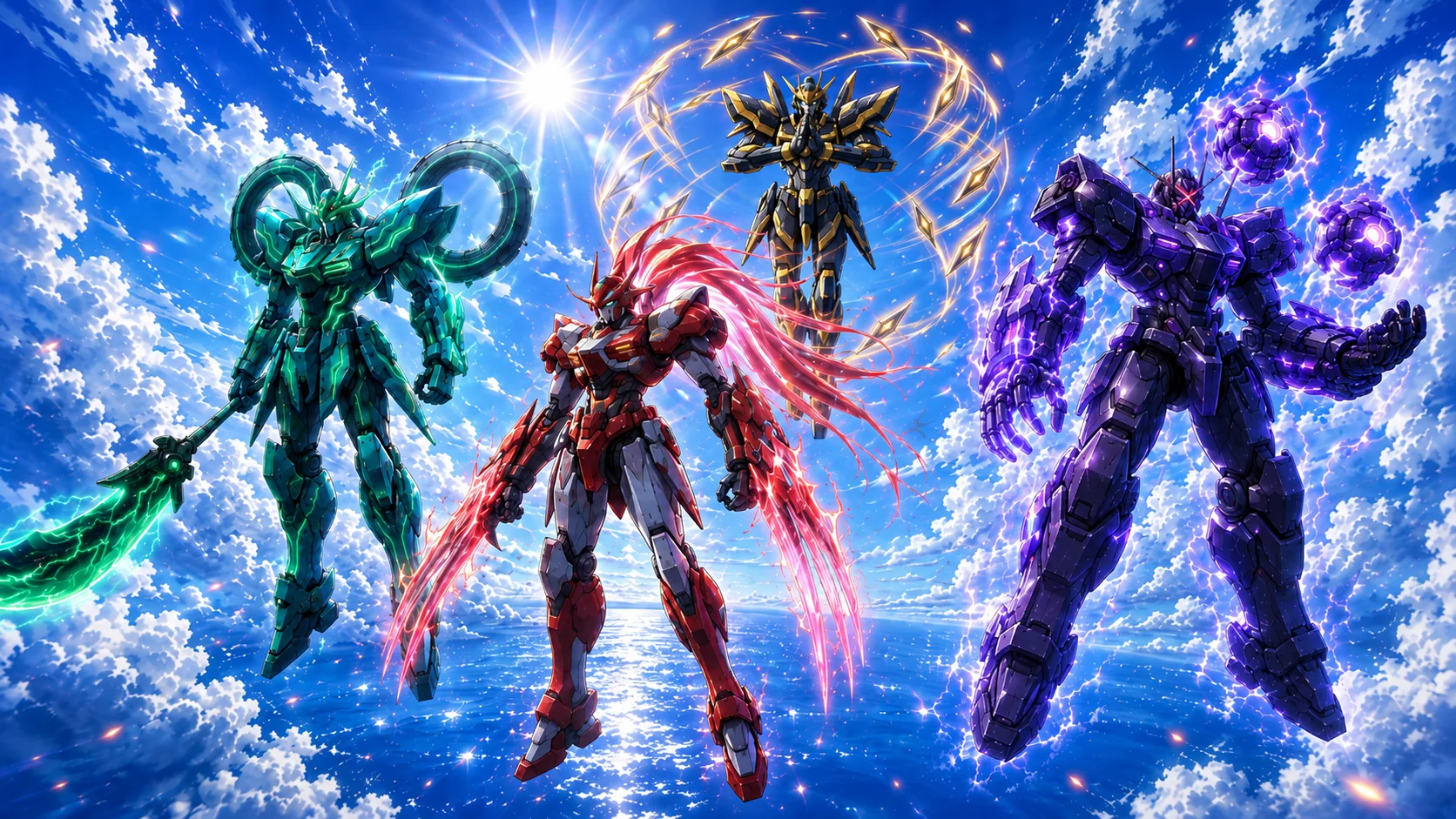 四尊神話級 AI 機甲守護者在明亮海面與藍天上方飛行。